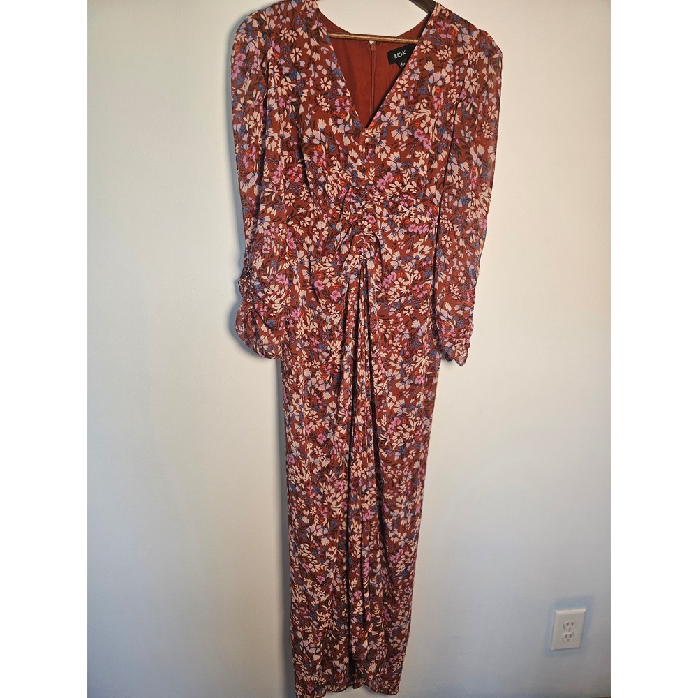 [Boho Cottagecore] MSK Floral Maxi Dress Womens‎ Large Orange Ruched Long Sleeve